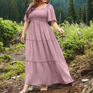 Hannah Smocked Bodice Flutter Sleever Tiered Dusty Pink Maxi Dress sz 18